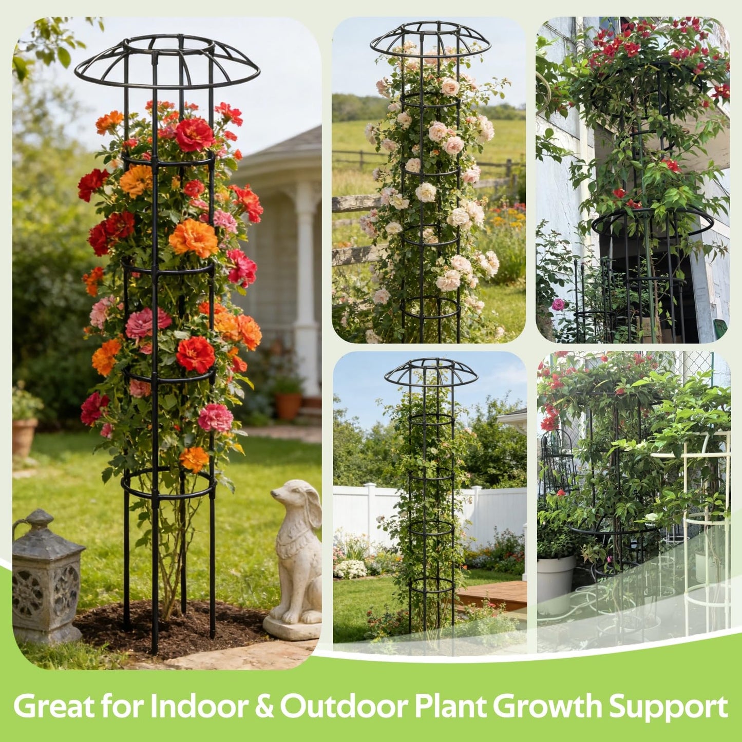 Jesosia Garden Trellis for Climbing Plants Outdoor - Unique Umbrella Top Round Trellis for Indoor Potted Plant - 64" Tall Rustproof PE Coated Metal Pipe Obelisk Support Ivy Vine Rose Grape Vegetable