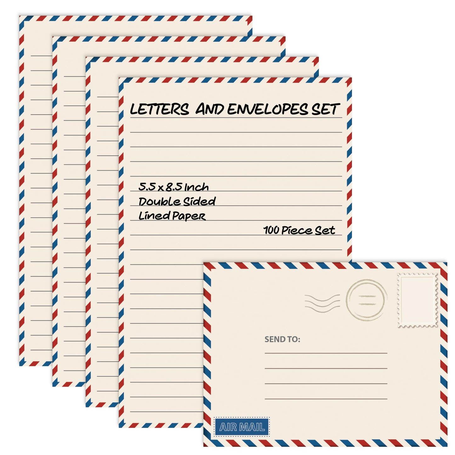 Better Office Products Vintage Airmail Mini Stationery Set, 100 Piece Set (50 Lined Sheets + 50 Matching Envelopes), 5.5 x 8.25 inch, Design, Double Sided Printing, Double Side Lined Paper,