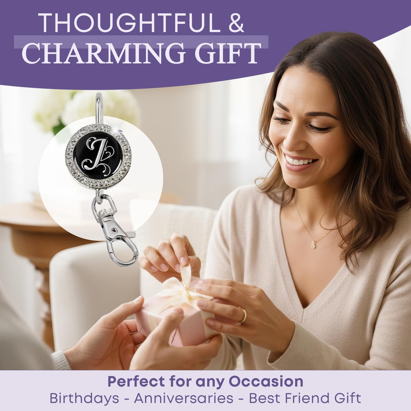 Women’s Bag Charm Key Finder, Car Keychain Hook, Cute Purse Organizer & Tote Bag Accessories, Gifts for Mom - Monogram J