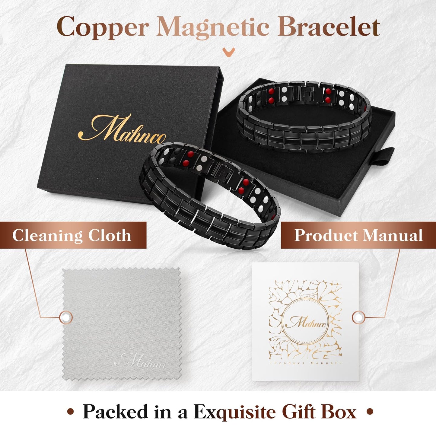 Mahnco Magnetic Bracelet for Men Adjustable Titanium Steel Men’s Bracelet with Double Rows Effective 4 Elements Magnets & Remove Tool (Black Classic)