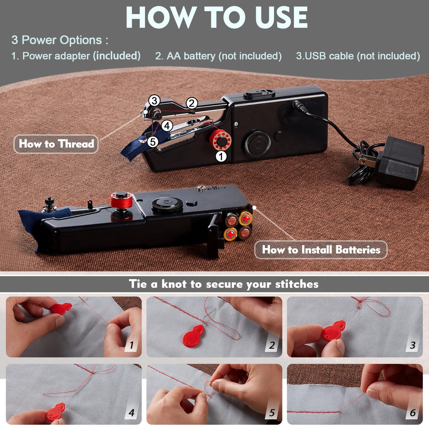 Hand Held Sewing Machine, with Red Wooden Sewing Box and 143 PCS Sewing Kit, Mini Portable Handheld Sewing Machine for Adults and Beginners, with a Power Adapter and Heavy-Duty Scissors