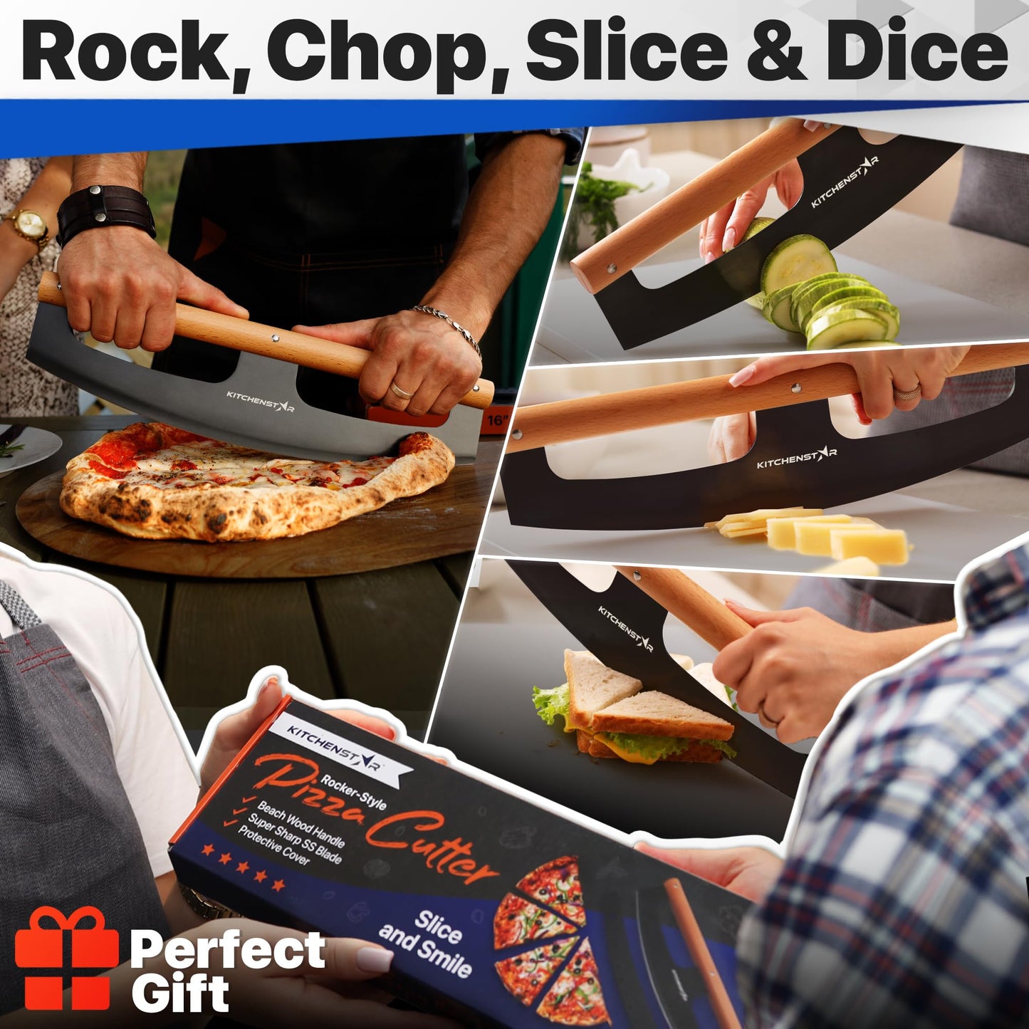 KitchenStar 16-Inch Pizza Cutter Rocker Blade - Razor Sharp Stainless Steel Slicer Knife, Stylish Beech Wood Handle, Protective Cover - Professional Pizza Oven Accessories, Black
