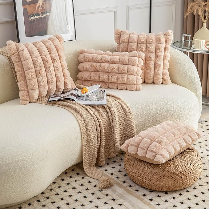 Neelvin Camel Faux Fur Cozy Soft Plaid Decorative Throw Pillow Covers 26x26 inch Set of 2,Velvet Pillowcase Cushion Case for Sofa Couch