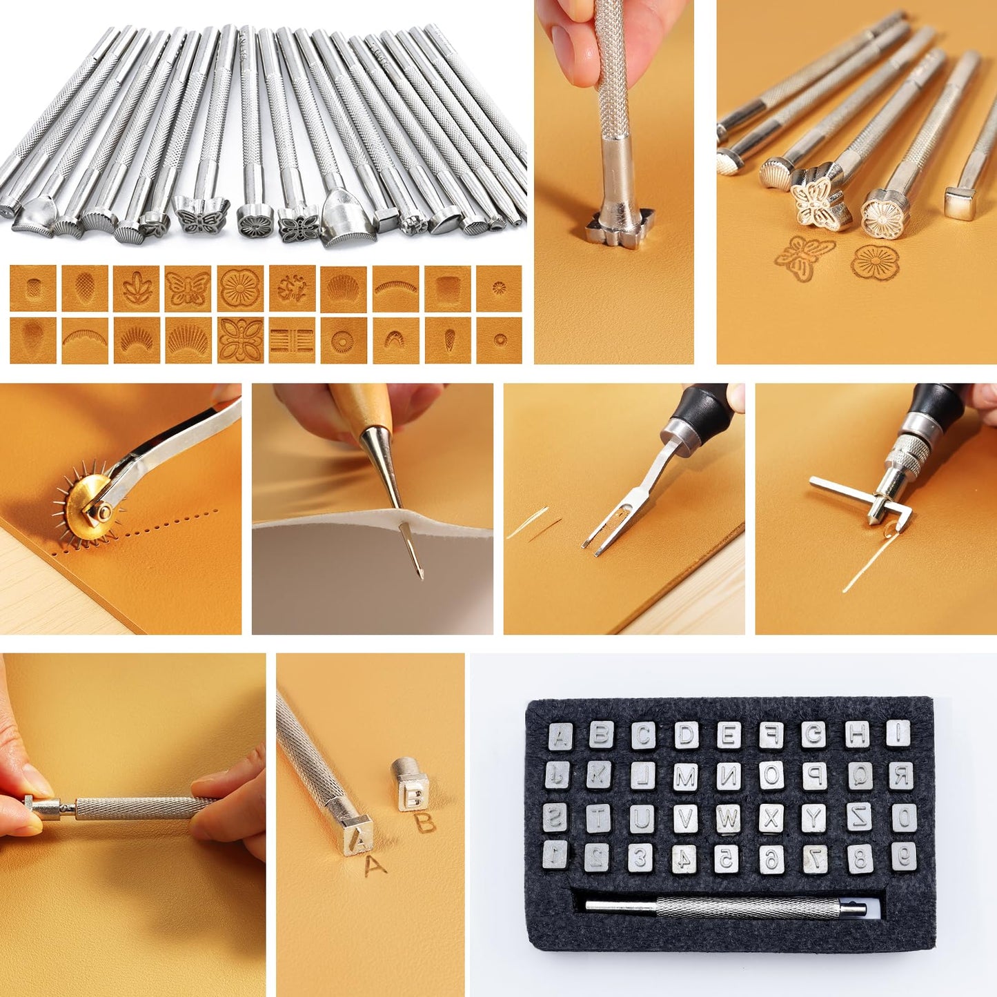Leather Working Tools Craft Kit for Carving Stamping Sewing Punching Cutting with Storage Bag Professional Leather Tooling kit for DIY Crafting
