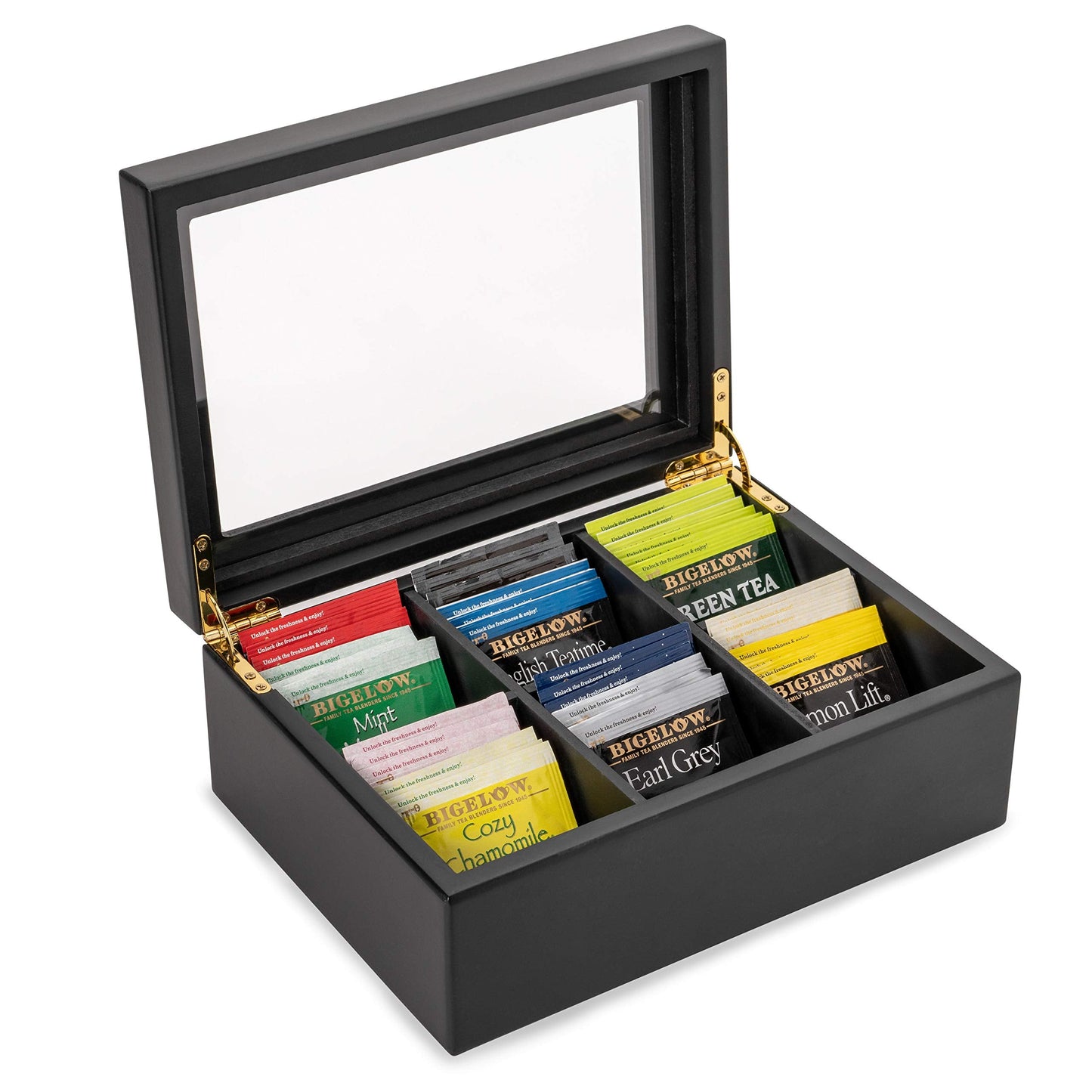 Break Tradition Wooden Tea Organizer For Tea Bags - 6 Compartments, Clear Top Window, Lid Stays Open (Black)