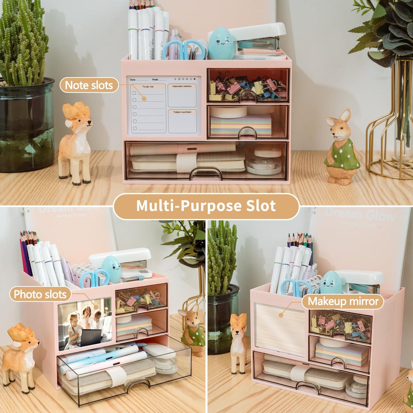 QIYVLOS Multi-Functional Desk Organizer with 3 Drawer and 8 Compartments, Pink