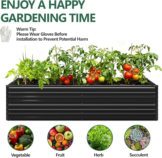 Vengarus 8x4x2FT Galvanized Raised Garden Bed Kit, Large Rectangle Elevated Planter for Vegetables, Flowers, Herbs and Succulents - 479 Gallon Capacity,Black