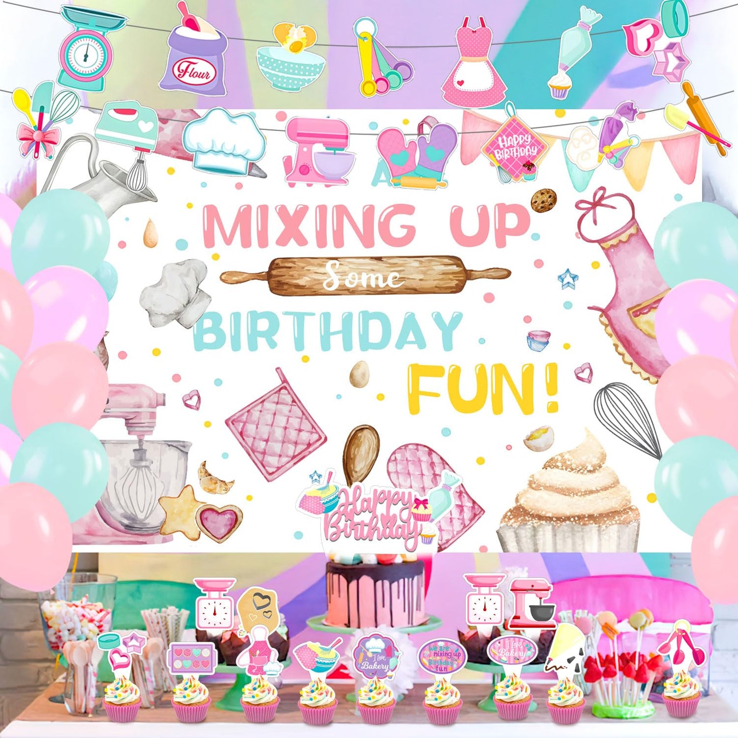 NlSIFU 59 Pcs Baking Birthday Party Supplies, Baking Themed Decorations with Backdrop, Banners, Balloons, Cake & Cupcake Toppers in Pink