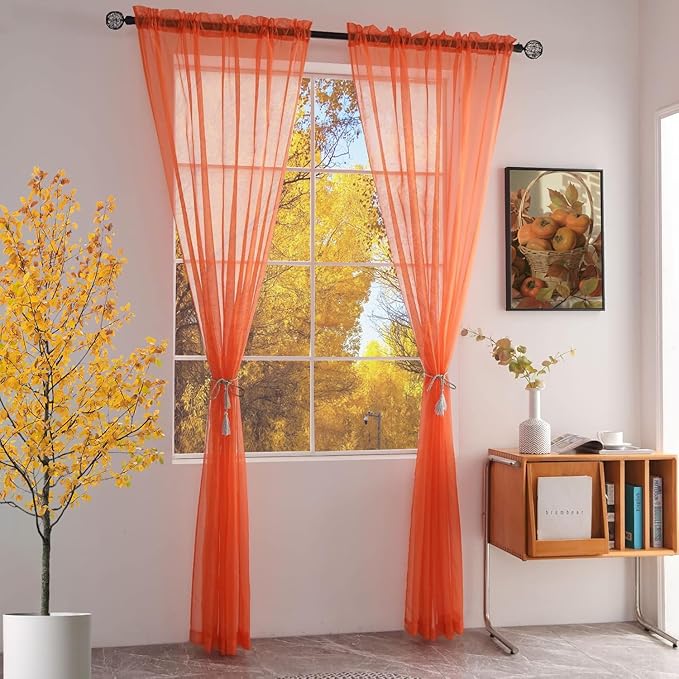 SpaceDresser Basic Rod Pocket Sheer Voile Window Curtain Panels Jaffa Orange 1 Pair 2 Panels 52 Width 72 Inch Long for Kitchen Bedroom Children Living Room Yard(Jaffa Orange,52 W x 72 L)