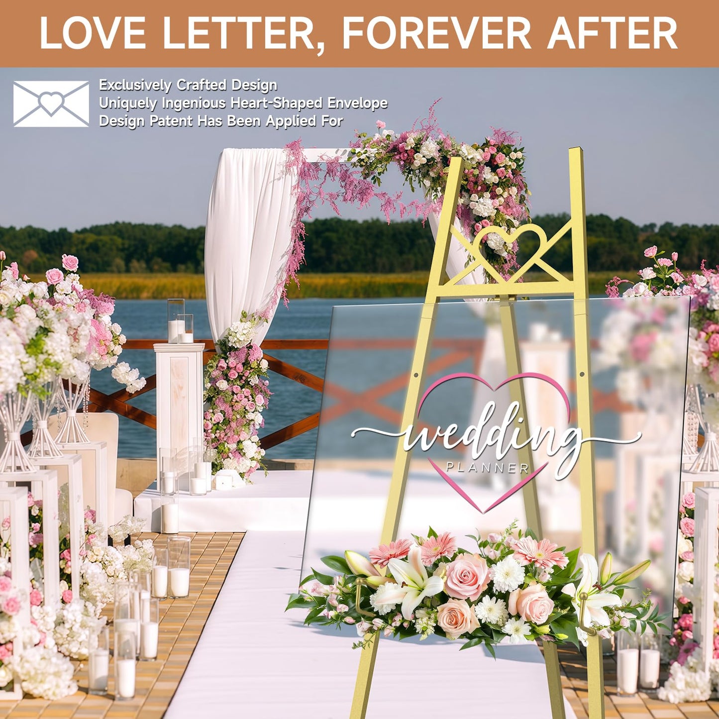 56" Gold Easel Stand for Sign, Heavy Duty Display Easel with Adjustable Chain, Heart-Shaped Envelope Design Art Easel for Paintings, Wedding Sign, Posters, Mirrors, Artwork