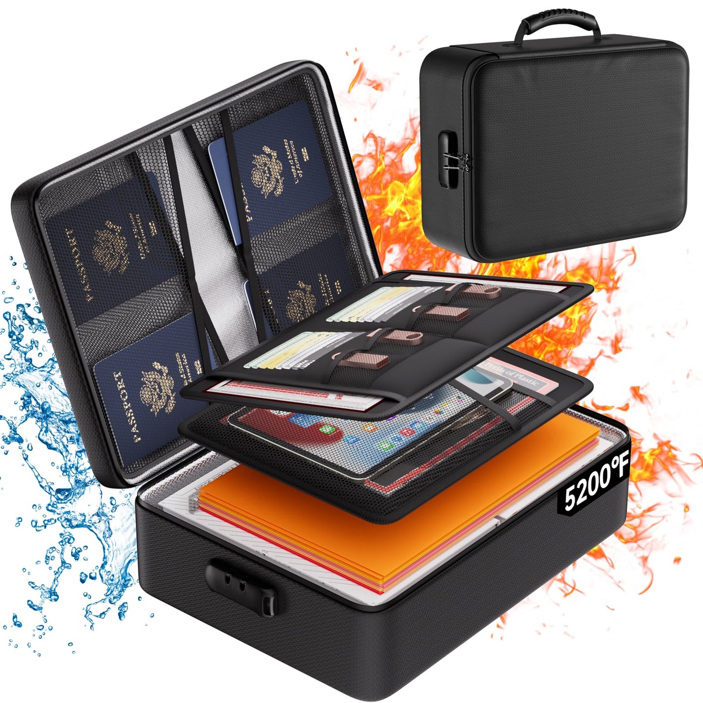 DocSafe 5200°F Document Organizer with Lock, Upgraded Heat Insulated Fireproof＆Water-Resistant Box 8 Layers File Organizer, Portable Home Travel Safe Storage for Important Documents and More