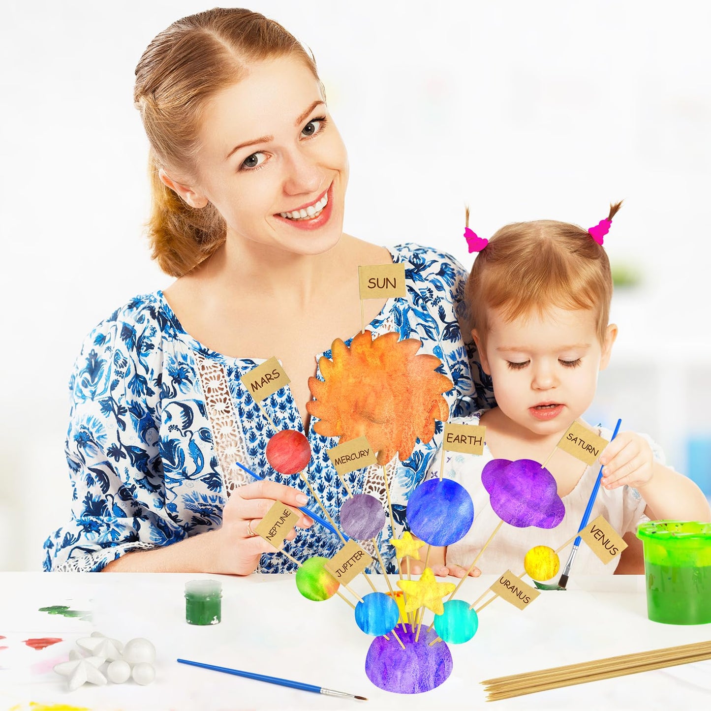 100 Pieces Solar System Model Foam Ball Kit Includes Mixed Sized Polystyrene Balls Toothpick Flag Bamboo Sticks Painting Brushes for School Science Project DIY Planet Handcraft