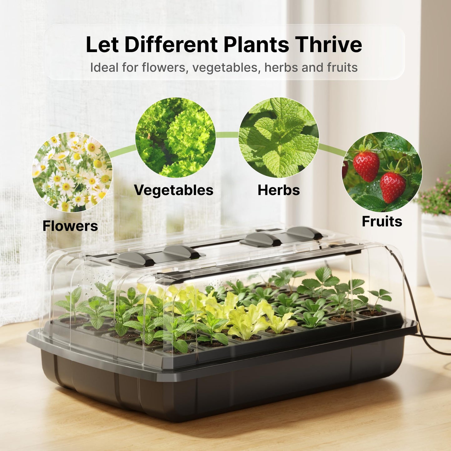 SUNCOZE Seed Starter Tray, 70 Cell Seed Starting Kit with Humidity Dome, Seedling Starter Tray with Adjustable Vent, Hydroponic Seed Germination Tray with 12W Full Spectrum LED Grow Light