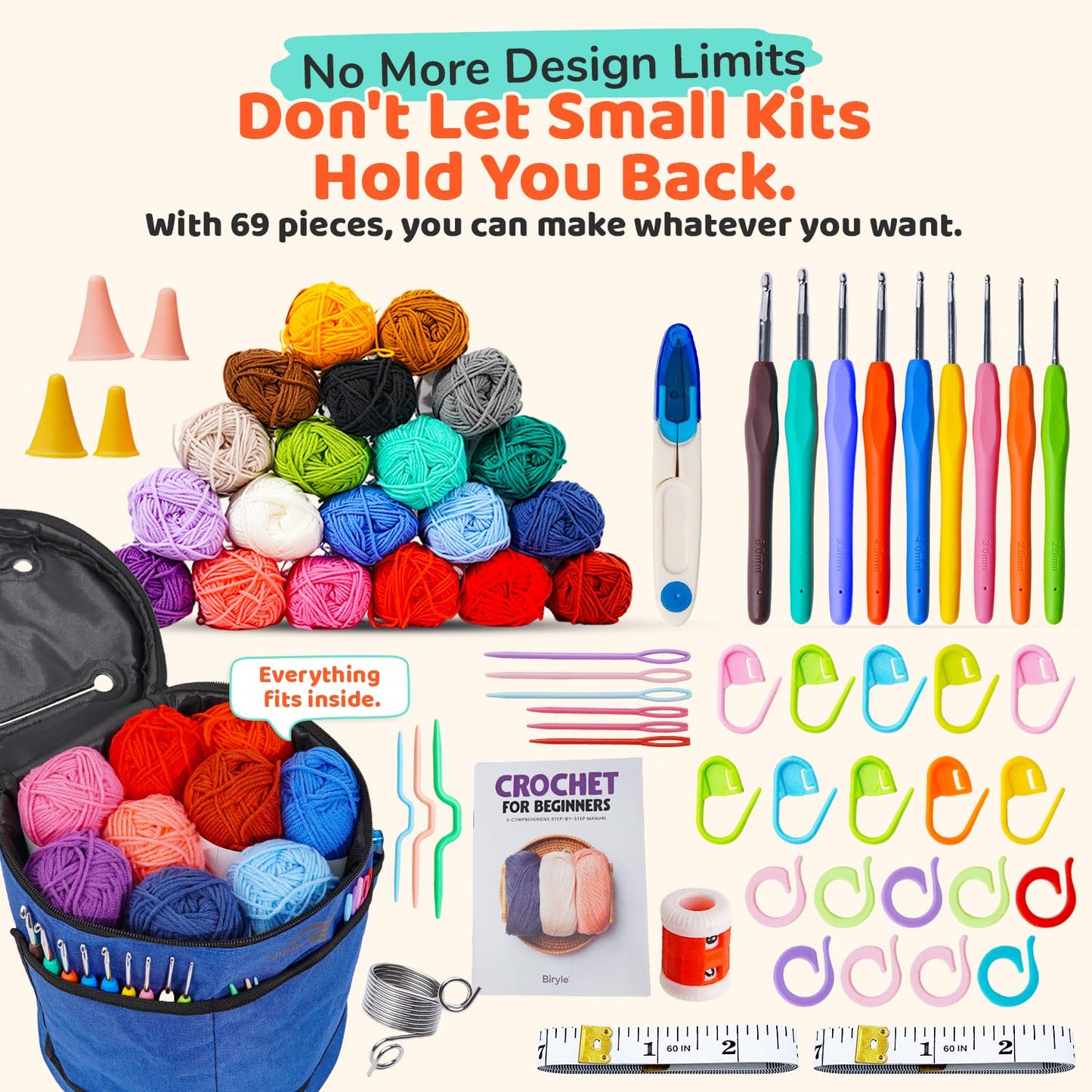 Crochet Kit for Beginners Adults & Kids | 69-Piece Complete Crochet Starter Kit 20 Yarn Colors 1120 Yards 9 Ergonomic Hooks | Learn to Crochet with Easy Step-by-Step Guide – Crocheting Supplies & Gift