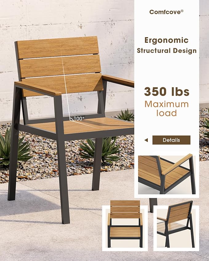 Outdoor Patio Dining Sets, Aluminum 5 Piece HDPS Outdoor Dining Table Set with Umbrella Hole, Modern Patio Furniture Set, Patio Dining Table and 4 Chairs (Gray & Teak)