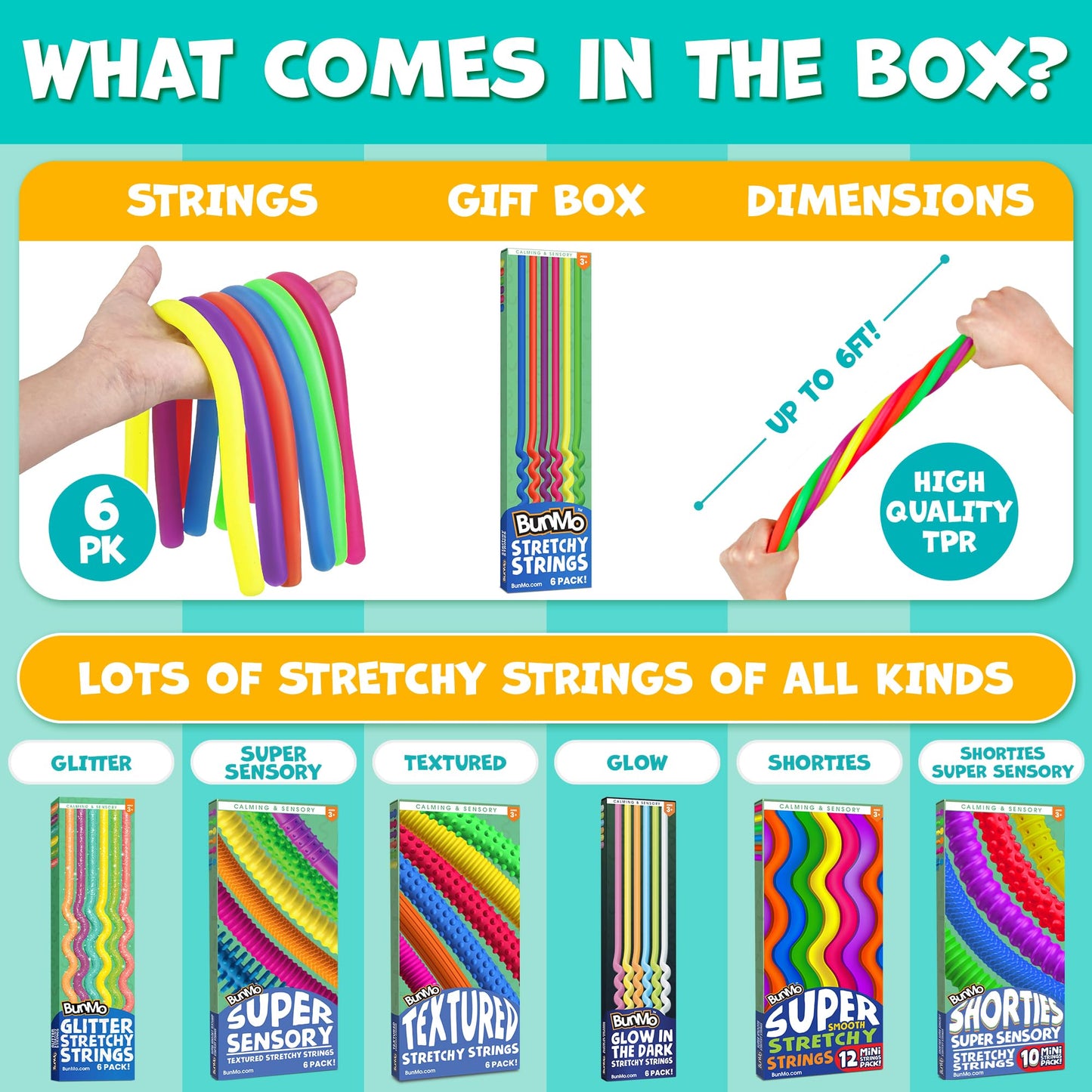 BUNMO Sensory Toys Stretchy Strings for Toddlers 3+ - Stimulating & Addictive Fidget Toys for Kids - Hours of Fun for Kids - Non-Mouthable Toy 3+ - Smooth 6 Pack