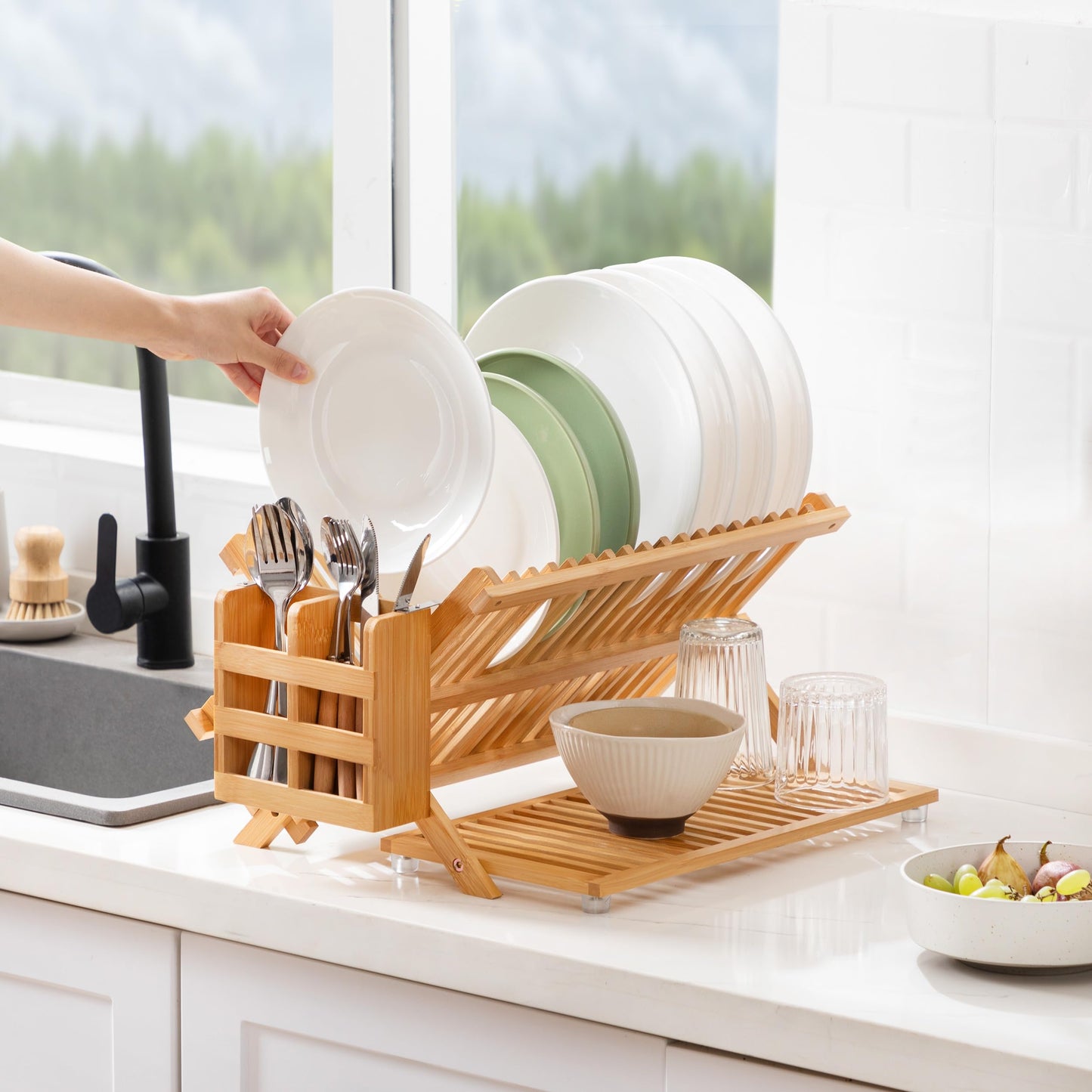Oyydecor Bamboo Dish Drying Rack with Utensil Holder, 3 Tier Collapsible Dish Rack for Kitchen Counter, Large Folding Drying Holder, Dish Drainer, Kitchen Organizers and Storage