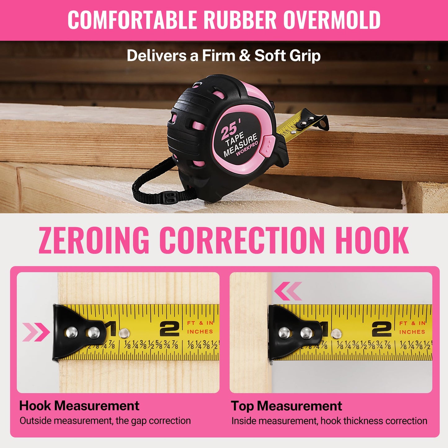 WORKPRO 25-FT Tape Measure with Fractions, 3 Brakes Retractable Measuring Tape, Compact Measurement Tape with Magnetic Hook, Nylon Coating Blade Accuracy 1/32”, Pink