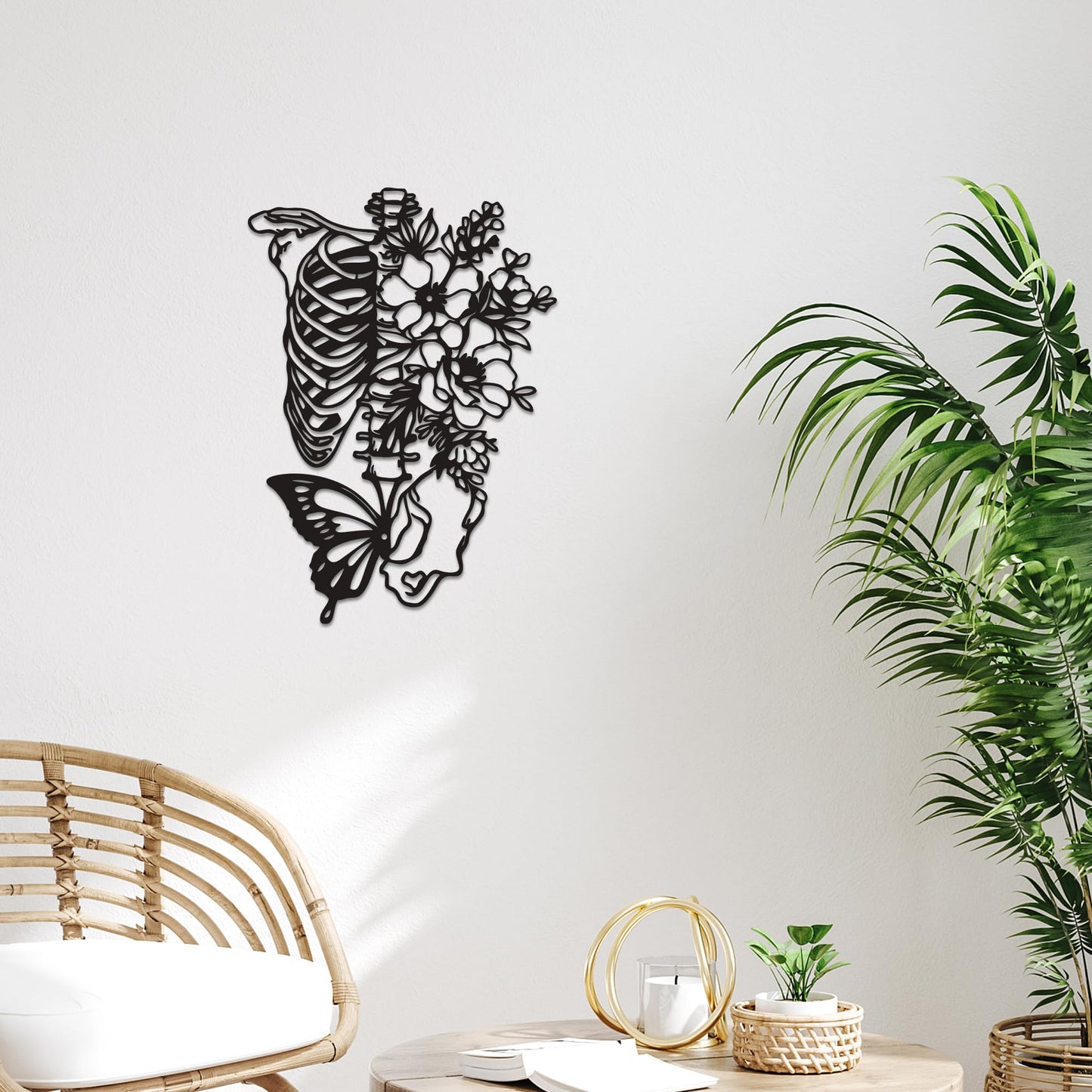 Rajukit Skull Wall Decor & Metal Butterfly Art - Gothic Skeleton Decor with Flowers, Eclectic Wall Sculpture for Bedroom & Outdoor Gothic Decor, Halloween Gifts