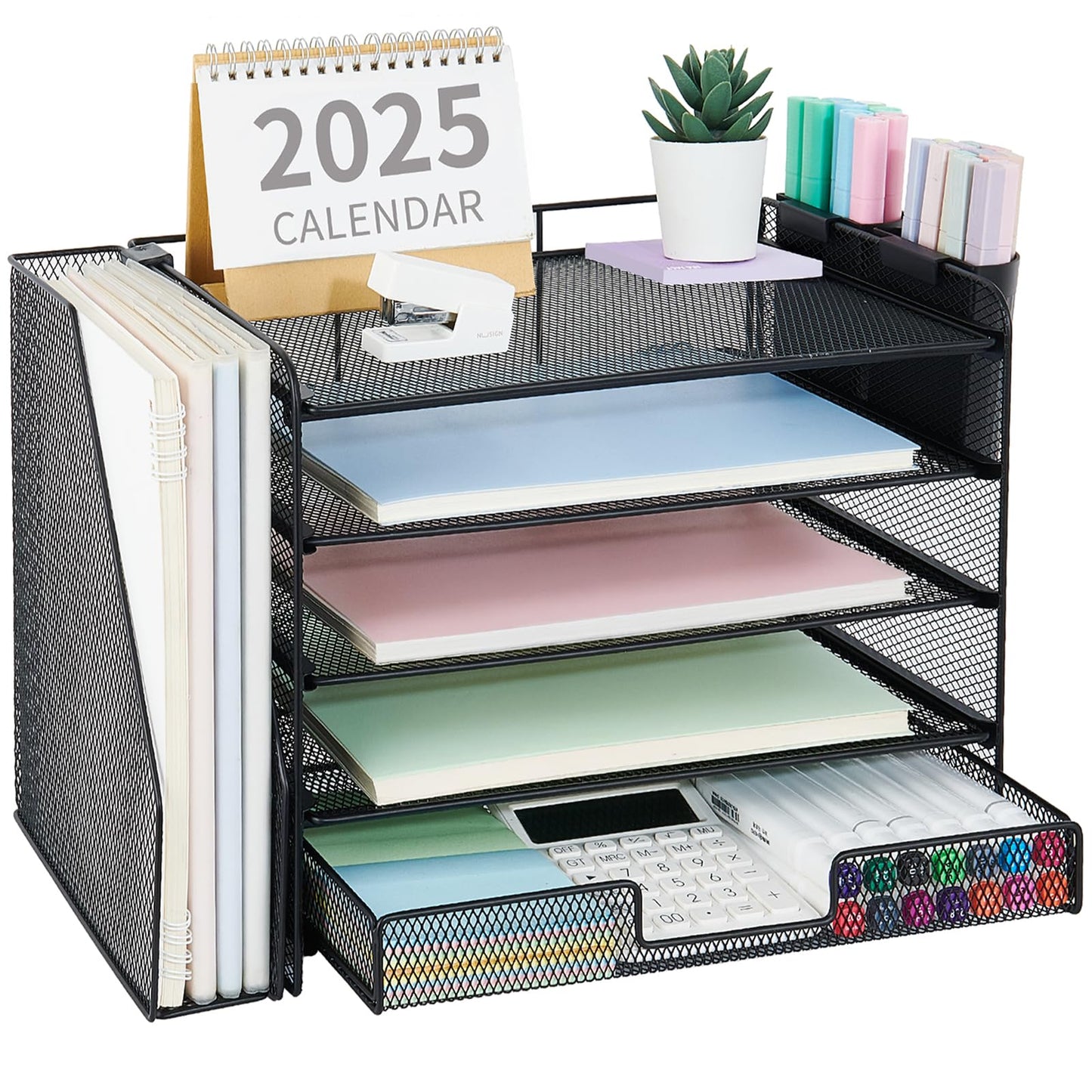 OPNICE Desk Organizer, 5-Tier Paper File Organizer with Drawer & Pen Holder, Office Desk Accessories, Workspace Desktop Organizer for Office Supplies(Black)