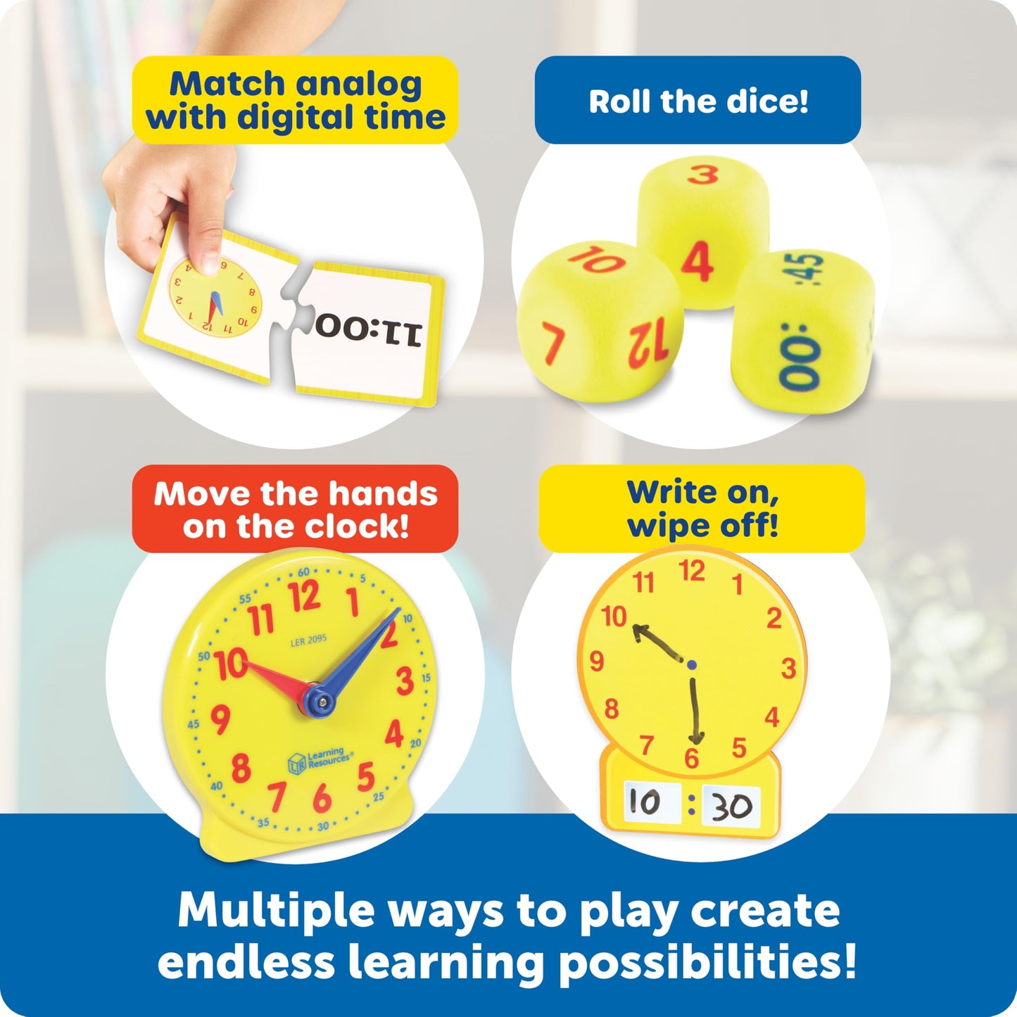 Learning Resources Time Activity Set – Teaching Clocks for Kids, Teacher Classroom Must Haves, Elementary School & Montessori Activities, Math Manipulatives, Time Flash Cards, Gifts for Boys and Girls