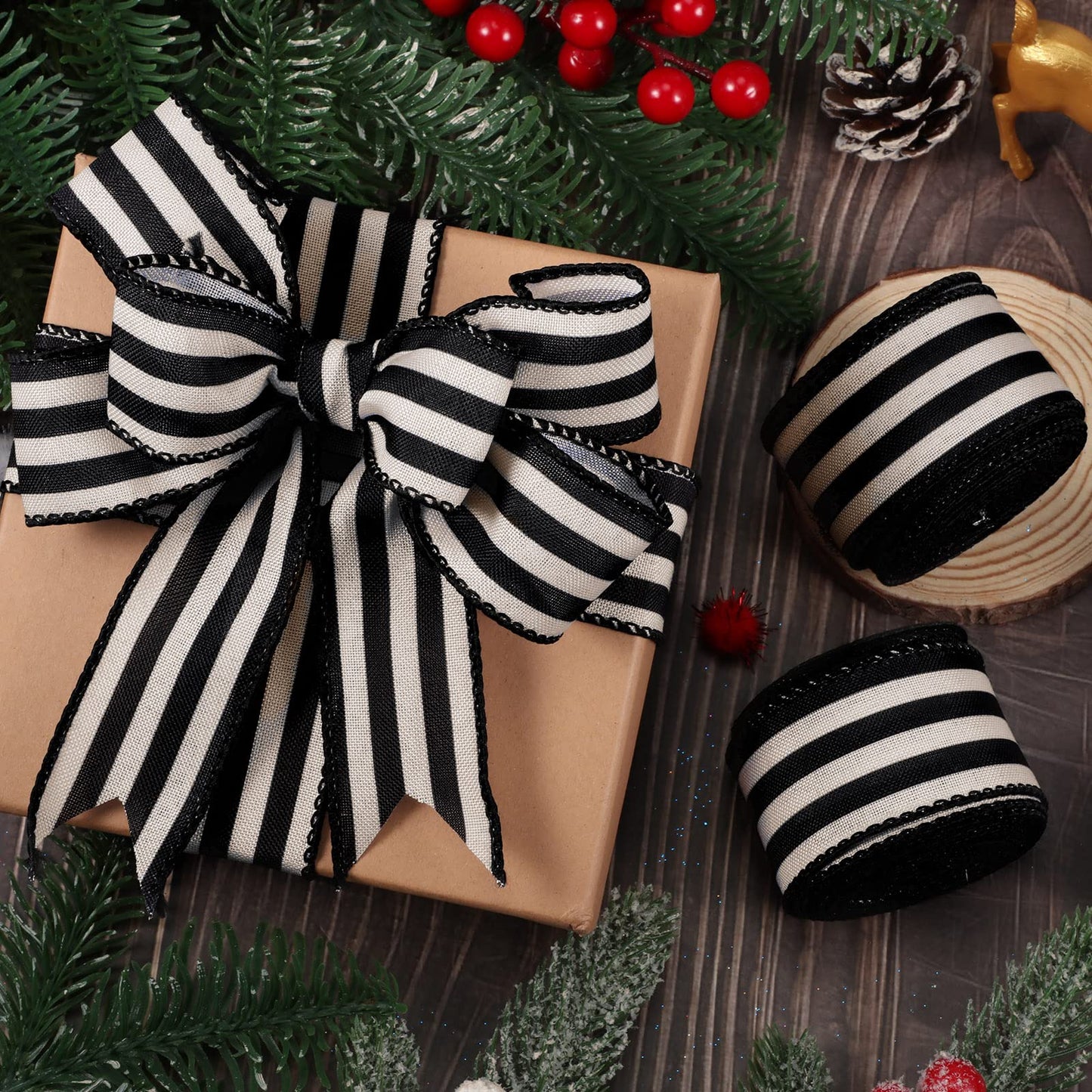 Moukeren 2 Rolls Black and Cream White Stripe Wired Edge Ribbon Halloween Rustic Ivory Boho Black and White Ribbon for Christmas Party Gift Wrapping Bow DIY Craft Home Decor(1.5 Inch, 20 Yard)
