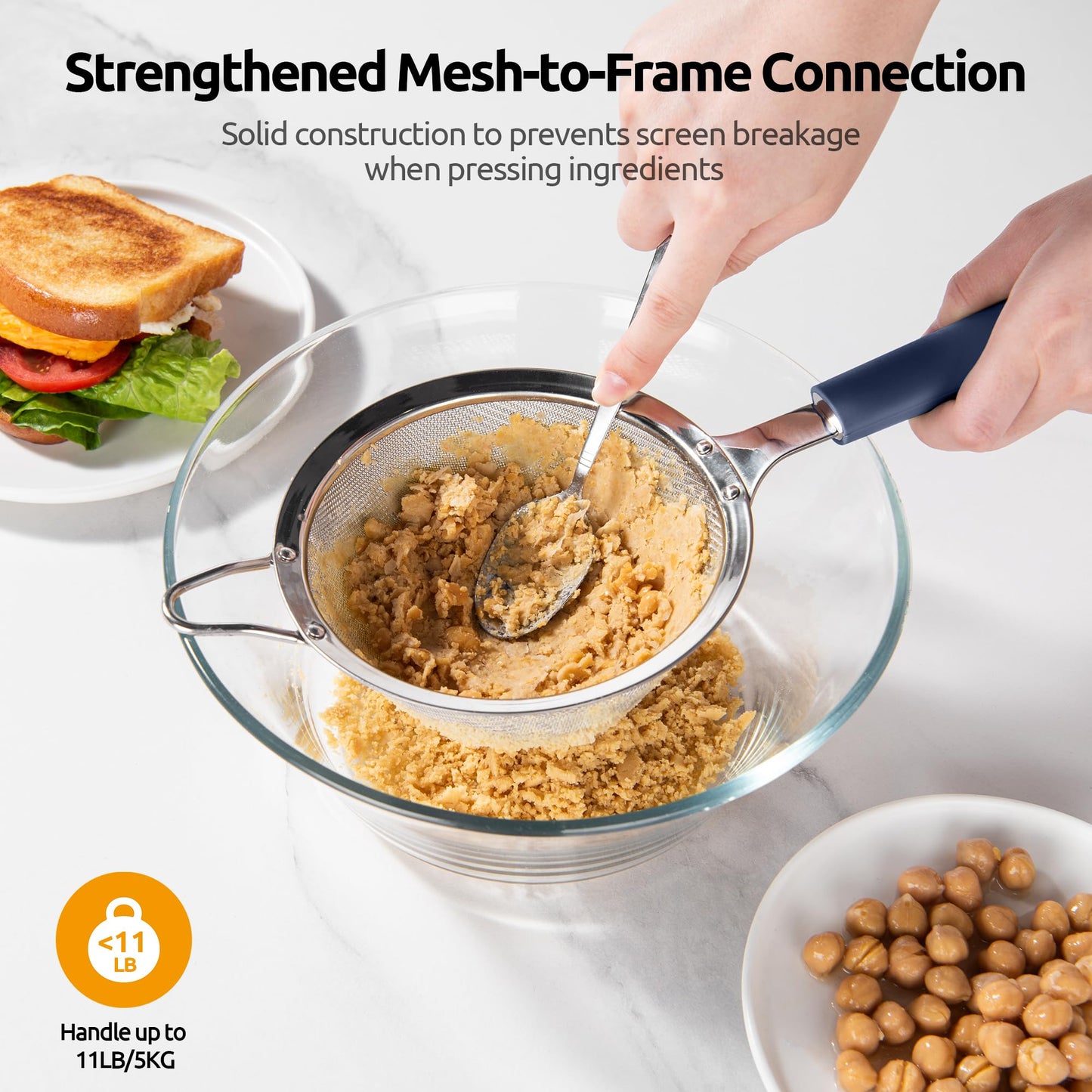 U-Taste Medium Fine Mesh Strainer: 18/8 Stainless Steel 4.73in 30 Mesh Kitchen Food Sieve with Sturdy Riveted Silicone Handle, Heavy Duty Deep Handheld Metal Colander for Rice, Quinoa(Midnight Blue)