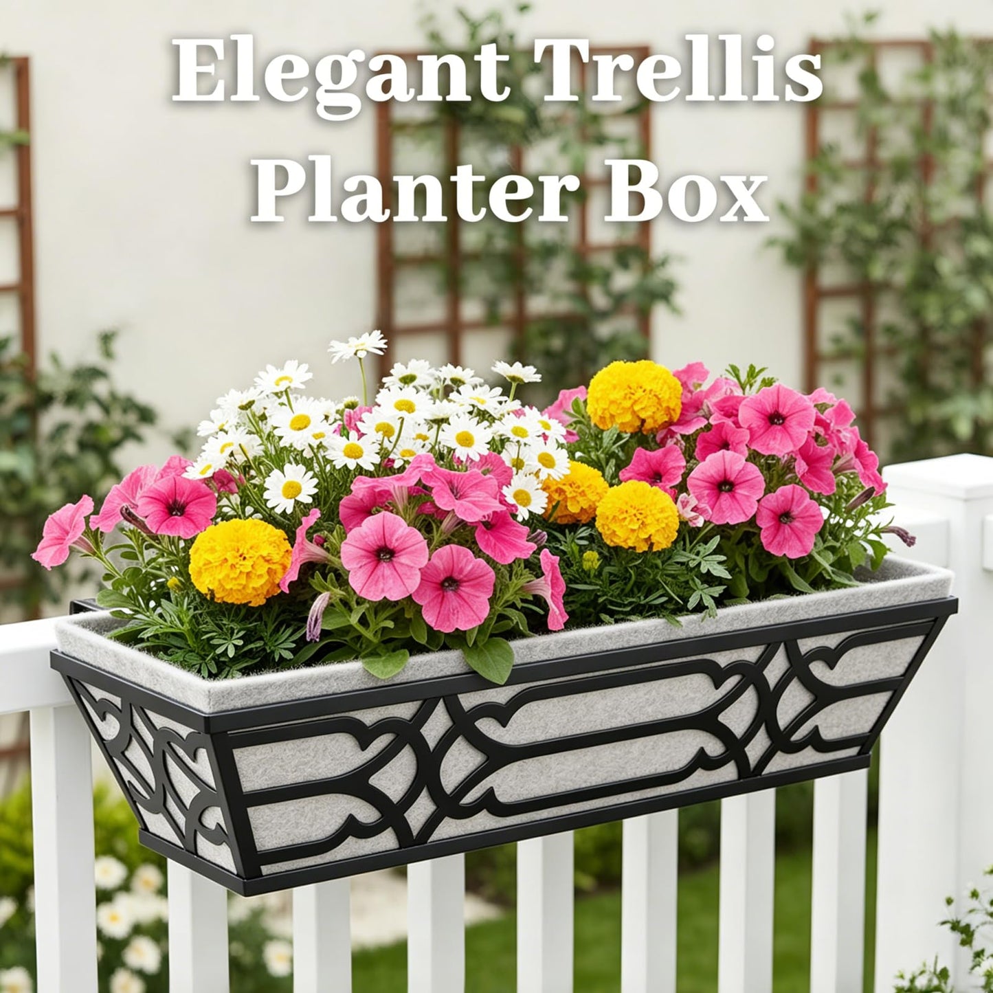 Railing Planter Box, Window Planter Box 24 Inch 2 Pack, Metal Hanging Flower Boxes with Non-Woven Fabric Liner, Adjustable Brackets for Deck Railing, Fence, Balcony, and Porch, Black