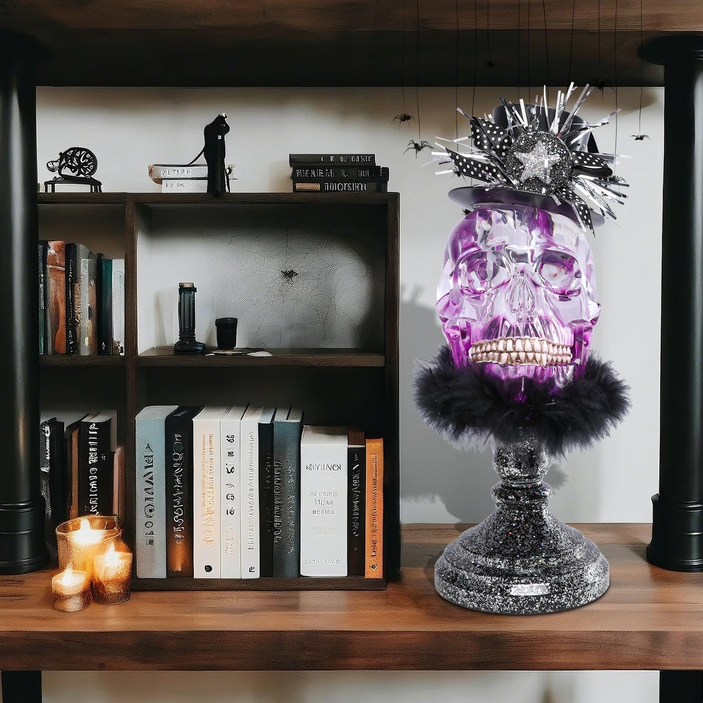WONDER GARDEN Skulls Halloween Decor - Dressed Acrylic Skeleton Heads with Magic Hat Skull Decor, Halloween Decorations Indoor and Party Supplies