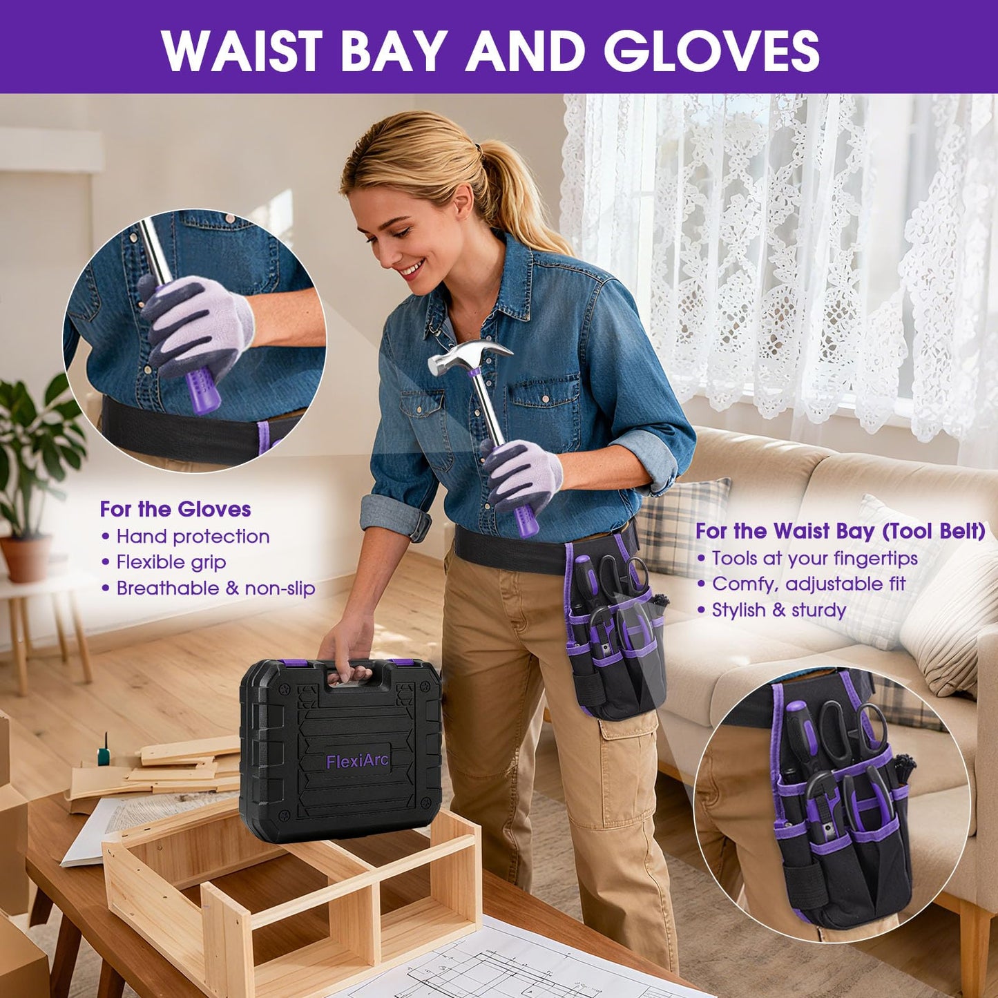 FlexiArc General Household Tool Set - Purple Hand Tool Kit with Waist Pouch & Gloves, Tool Kit for Women Everyday Home Repairs, DIY and Crafts, 112 pcs