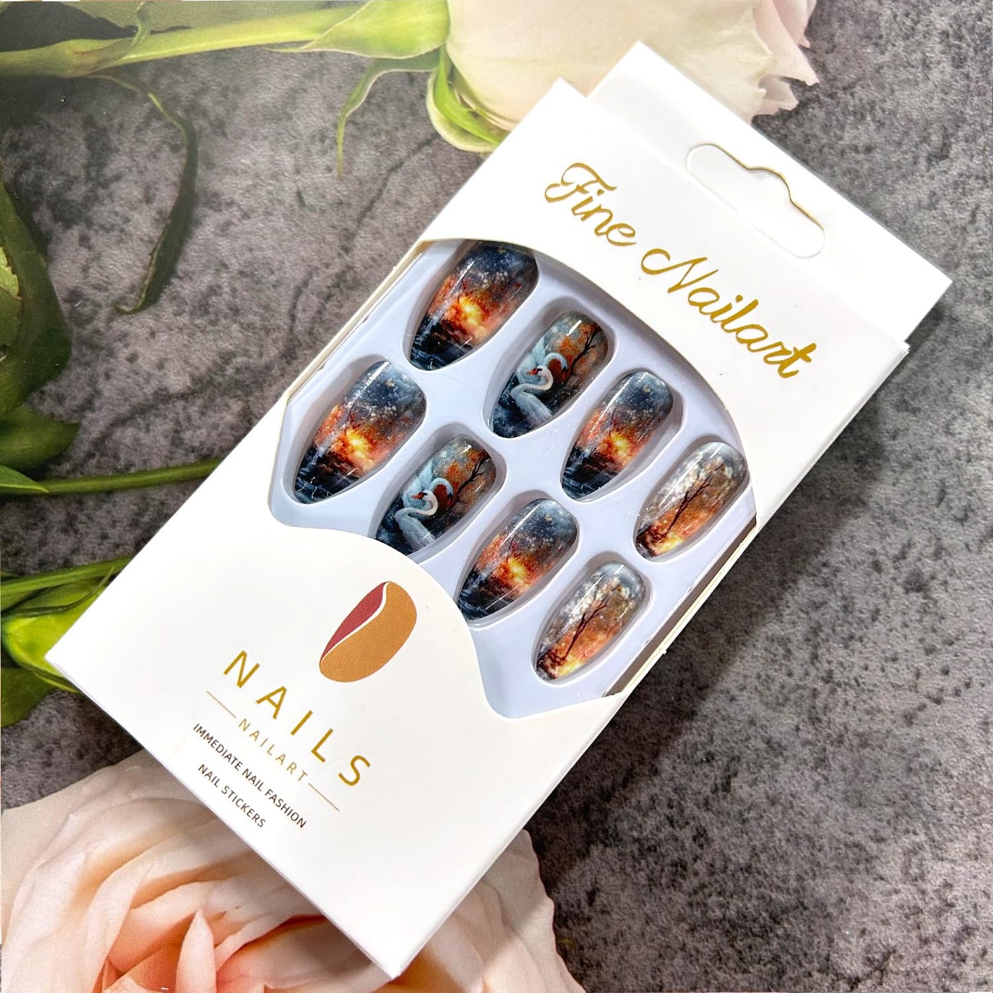 CJDLTS Press on Nails Almond Medium Swan Flame Jungle Pattern Design Full Cover Glossy Acrylic Fake Nail Smudge Almond Tip Artificial Fingernails 24Pcs Press Ons Medium Glue on Nails for Women