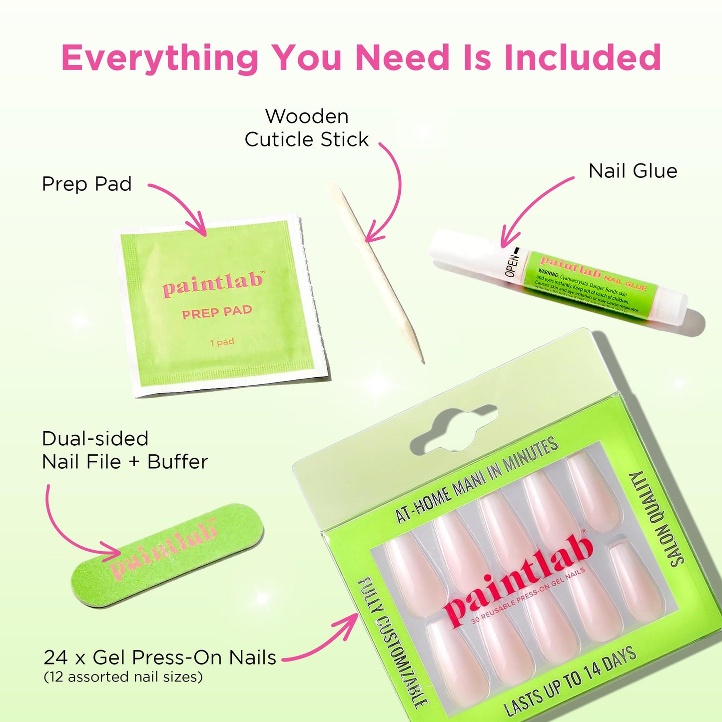 PaintLab Press On Nails - Gradient Nude Coffin Fake Nails, 30 Nails in 15 Sizes with Glue, Reusable Salon Quality Press On Nails