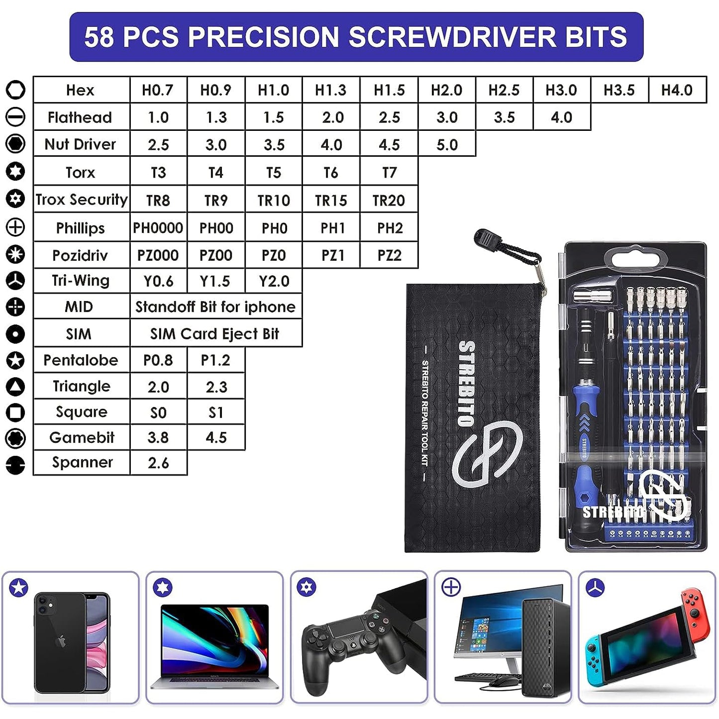 STREBITO Precision Screwdriver Set, 79 in 1 Screwdriver Kit with 58 Bits & Anti Static Wrist Strap, Magnetic Driver Electronics Repair Tool Kit for Computer, iPhone, Laptop, Cell Phone, Macbook, PS4/5