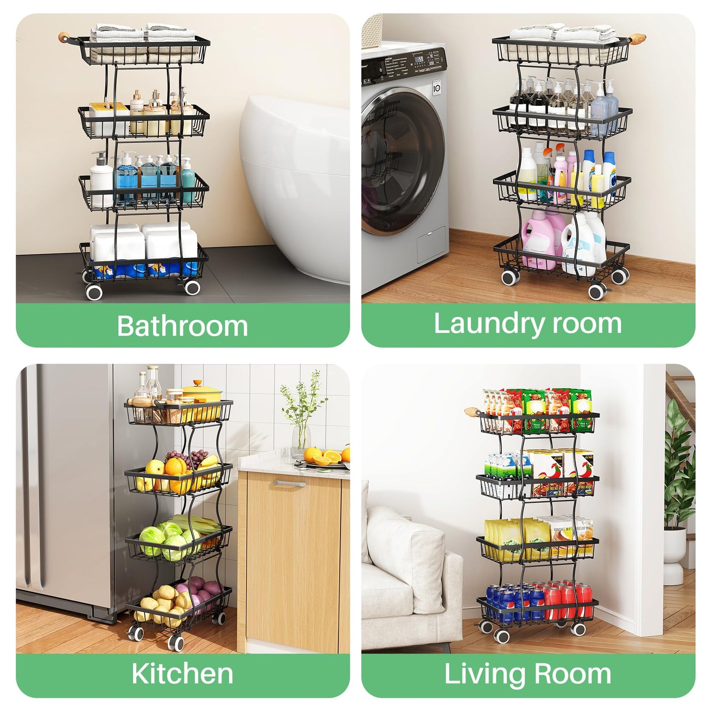 SAYZH Fruit Basket Kitchen Pantry Organizers and Storage - 4 Tier Stackable Metal Wire Basket Stand for Fruit Vegetable Snacks Jars Bins Containers Organization(Black, 4 Tiers)
