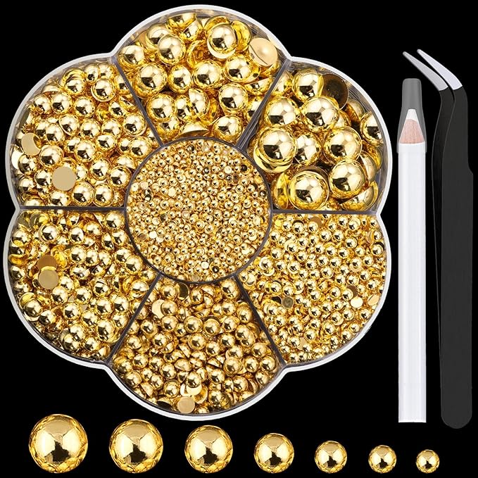 Nail Art Flat Back Half Round Pearl Kits 11, 1 Box of 6000 Pcs Flat-Back Gold Pearl with Tweezer and Picker Pencil for Home DIY Nails Body Face Craft and Salon Use