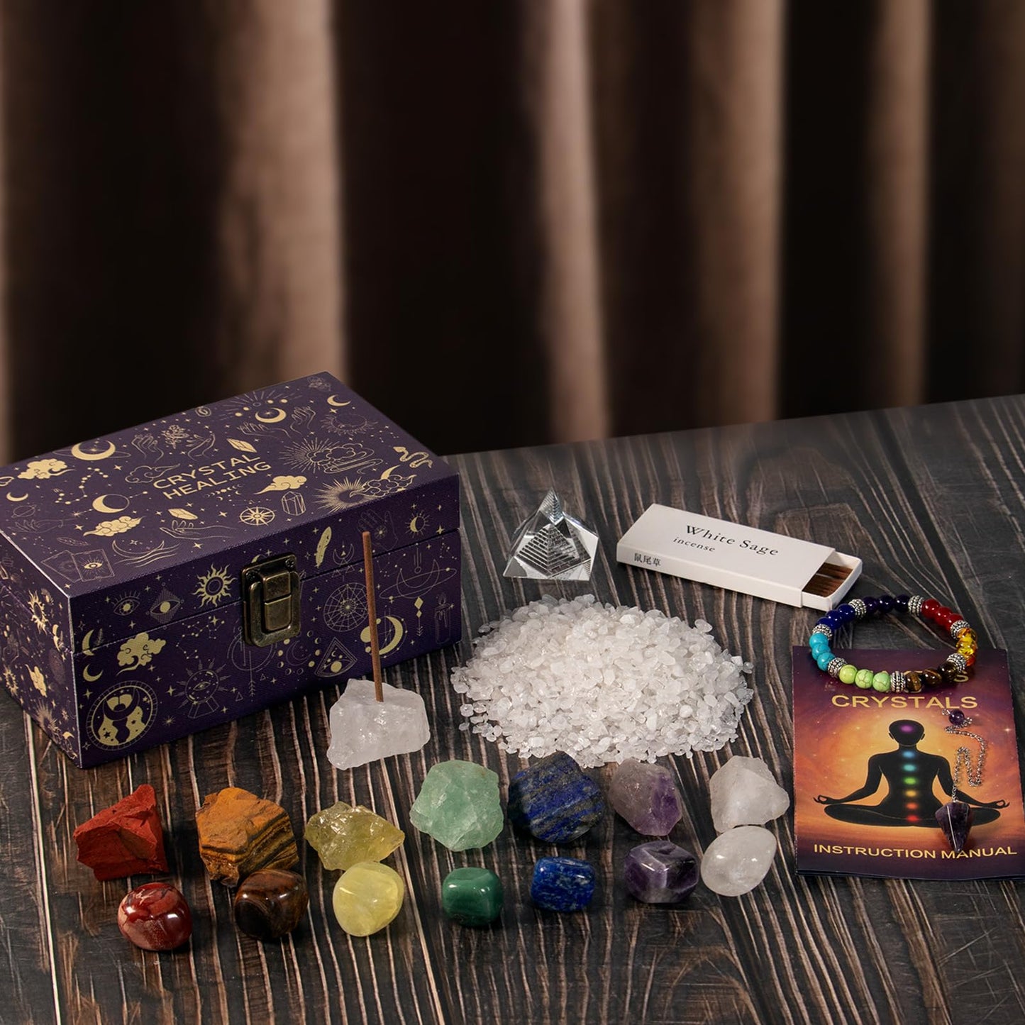 20Pcs Crystals and Healing Stones Set - 14Pcs Chakra Stones,Spirit Pendulum,Crystal Pyramid,300gCrystal Chips,Hand Bell,Gift Box,Instruction Guide - Gifts for Women (22 pcs)