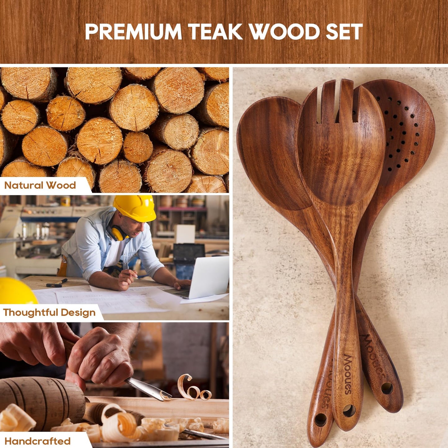 Wooden Spoons for Cooking, 10 PCS Teak Wood Cookware Utensil Set with Hooks - Smooth Finish, Non-Stick, Comfortable Grip, Heat Resistant Kitchen Utensils Gift Box