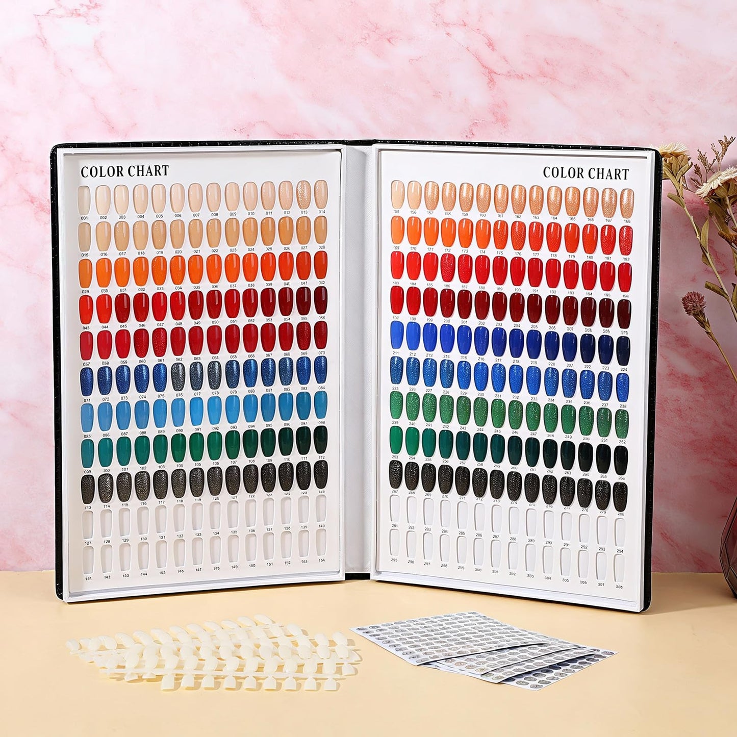 Professional 308 Nail Color Chart Book with 120 Pcs False Nails and 1-400 Number Labels, Gel Polish Display Card for Nail Art Salon Swatches and Practice Design, Black