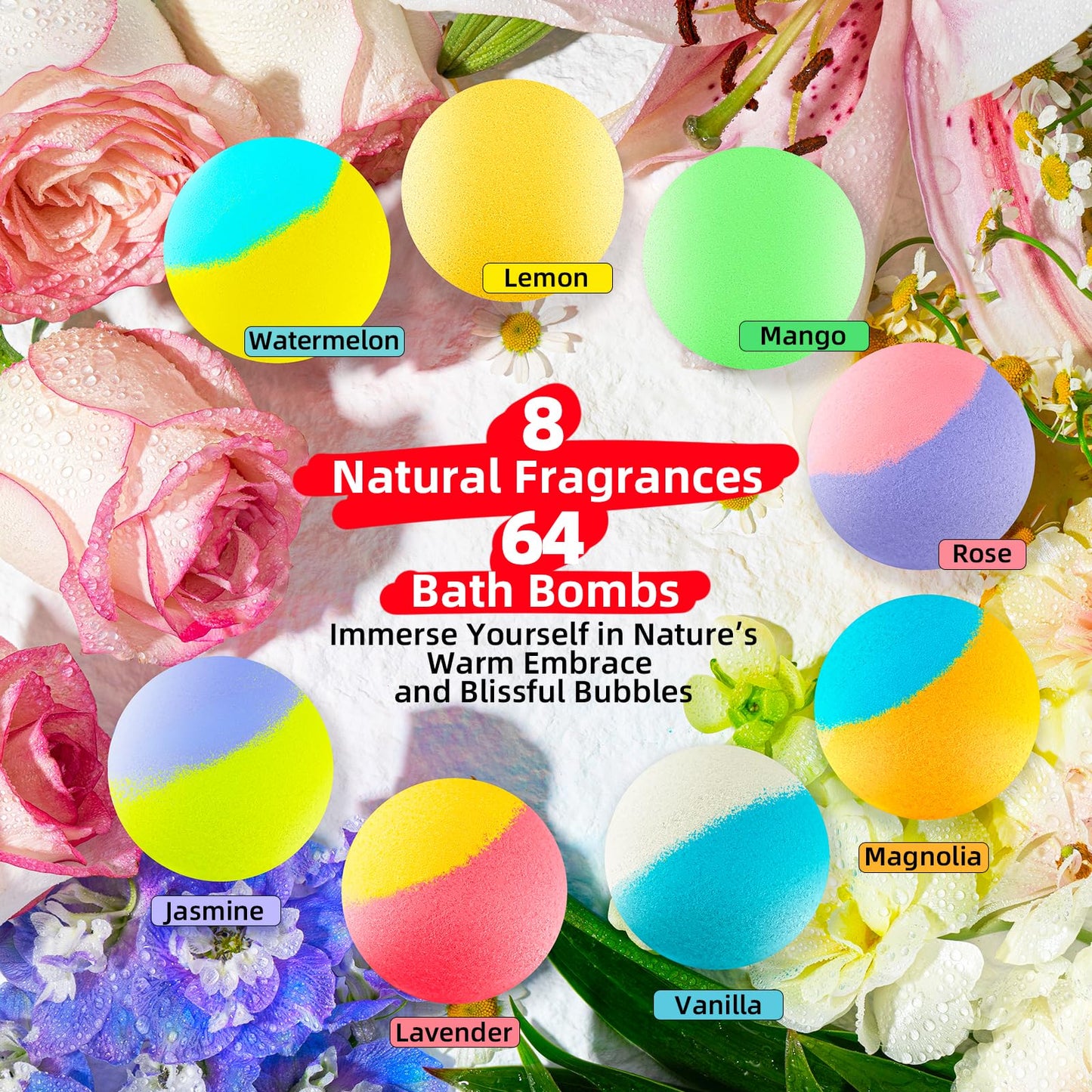 64 Pack Natural Bath Bombs Bulk Set – 8 Scents, Organic Ingredients, Long-Lasting Bubbles, Relaxing Gifts for Women & Men, Self-Care, Birthday, Christmas & Stocking Stuffers