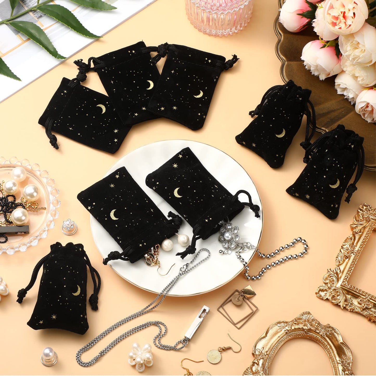 Hillban 30 Pcs 2 x 3 Inch Small Black Velvet Drawstrings Bags Bulk for Jewelry Moon Star Pouch with Drawstrings Jewelry Bags for Tarot Gift Packaging Graduation Wedding Anniversary Eid Mubarak