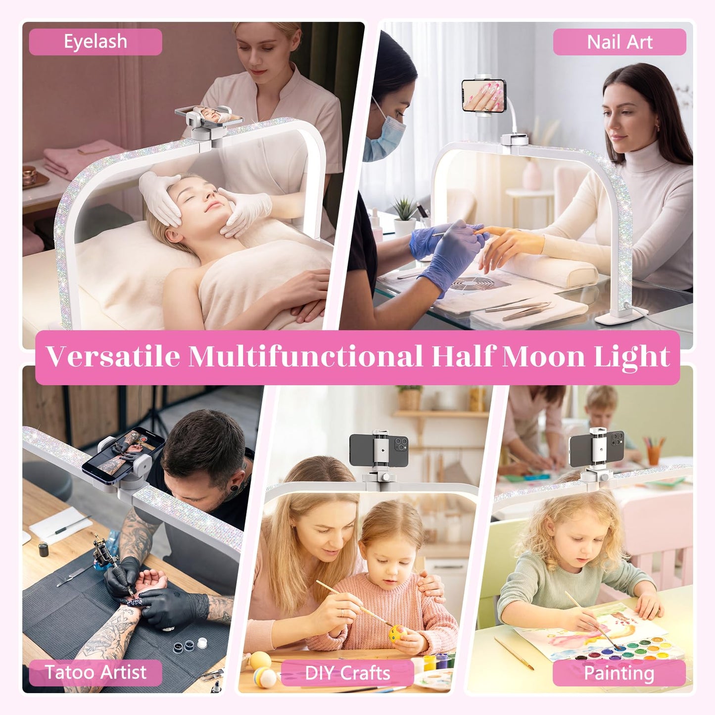 LIONVISON Nail Light for Desk: 29" Foldable Half Moon Light for Nail Tech with Phone Holder - 3 Color Modes & 10 Brightness - 40W Arch LED Nail Desk Lamp for Manicure Salon (with Diamond)
