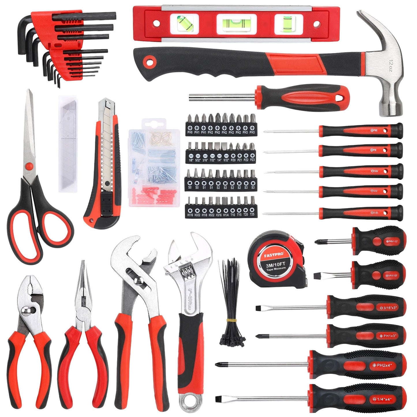 FASTPRO 220-Piece Home Tool Set, Household Repairing Tool Kit with 12-Inch Wide Mouth Open Storage Tool Bag, Red