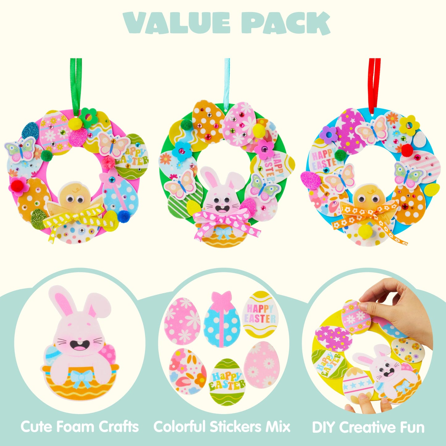 JOYIN 12 Sets Easter Wreath Signs Decorations, DIY Foam Craft Kit with Bunny, Chick & Egg Foam Stickers, Amusing Wiggle Eyes and Pom-Poms for Kids Easter Kids Activities, Party, Gift Decorations.
