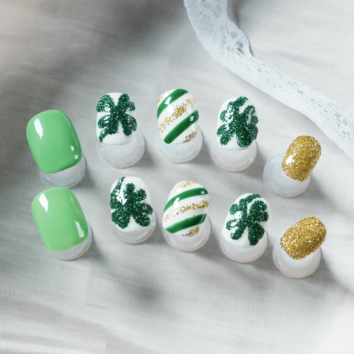 Tesytto Green & Gold Glitter Extra Short Squoval Press On Nails, Handmade Clover and Stripe Design, Reusable Full Cover Acrylic Nails (Size L)