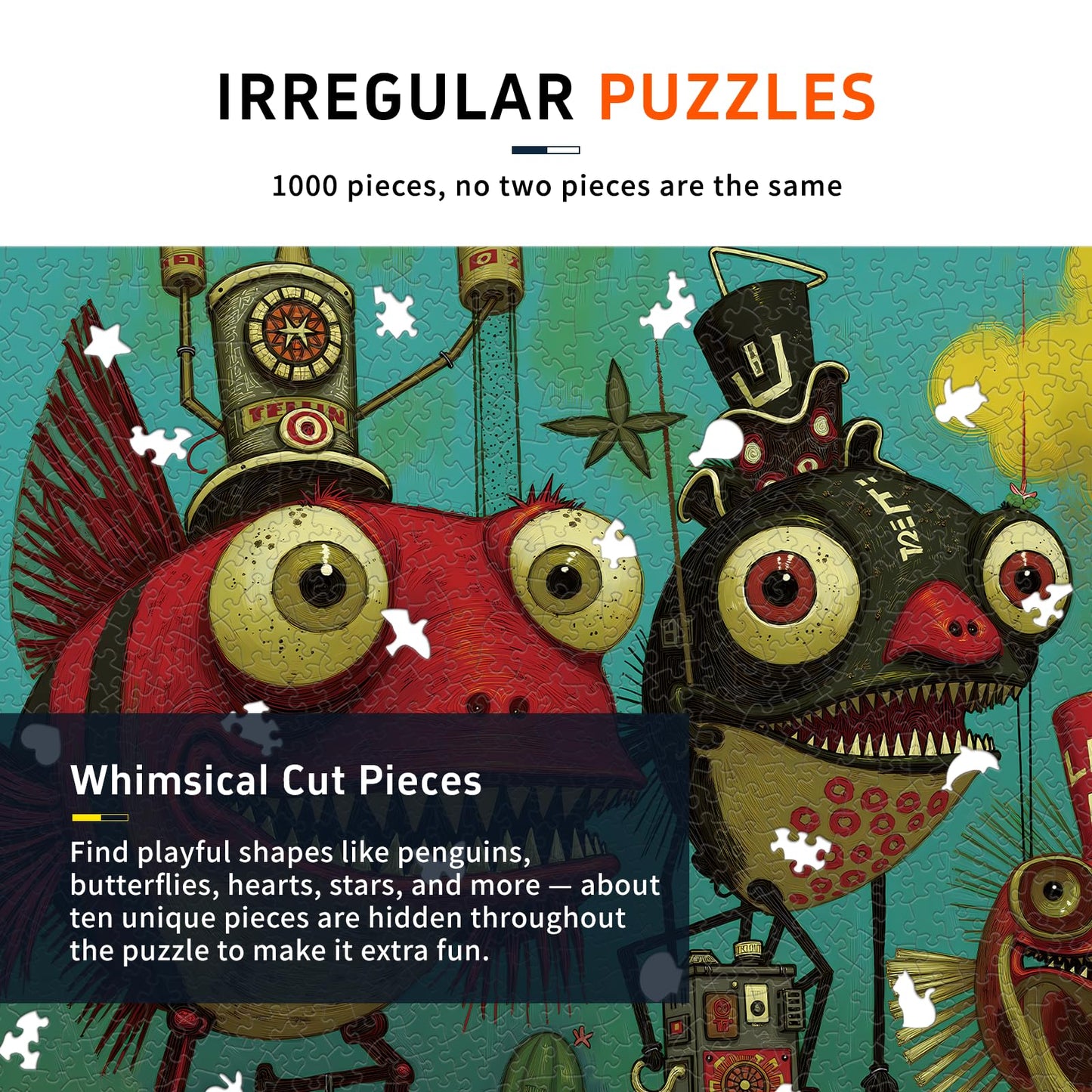 Naturelish 1000 Piece Puzzle for Adults, Quirky Piranha-Inspired Artwork with Unique-Shaped Pieces, Matte Texture, Color-Coded Backing, Challenging Gift for Puzzle Lovers 26.6 x 19.2 in
