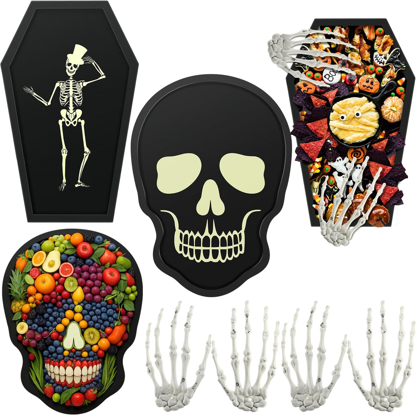 Zhehao 4 Pcs Halloween Serveware Supplies Wooden Coffin Ghost Charcuterie Board Cheese Board Serving Platter Snack Trays with Plastic Skeleton Hands Dinnerware Cookware for Home Party Dinnerware