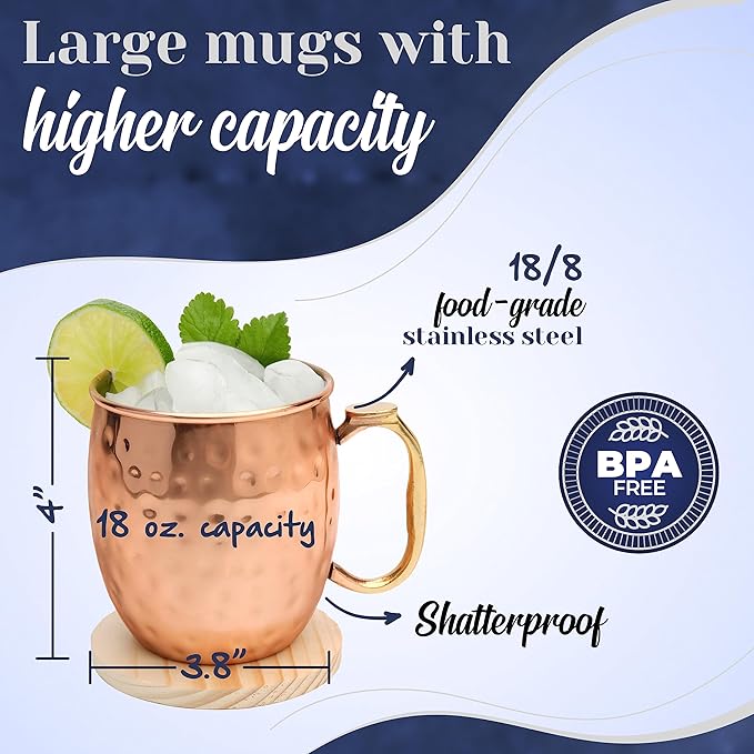 Moscow Mule Mugs Set of 4| Food Safe | High Grade Stainless Steel Mugs with Pure Copper Plating | Brass Handles with Thumb Rest |19 Oz | Large Size
