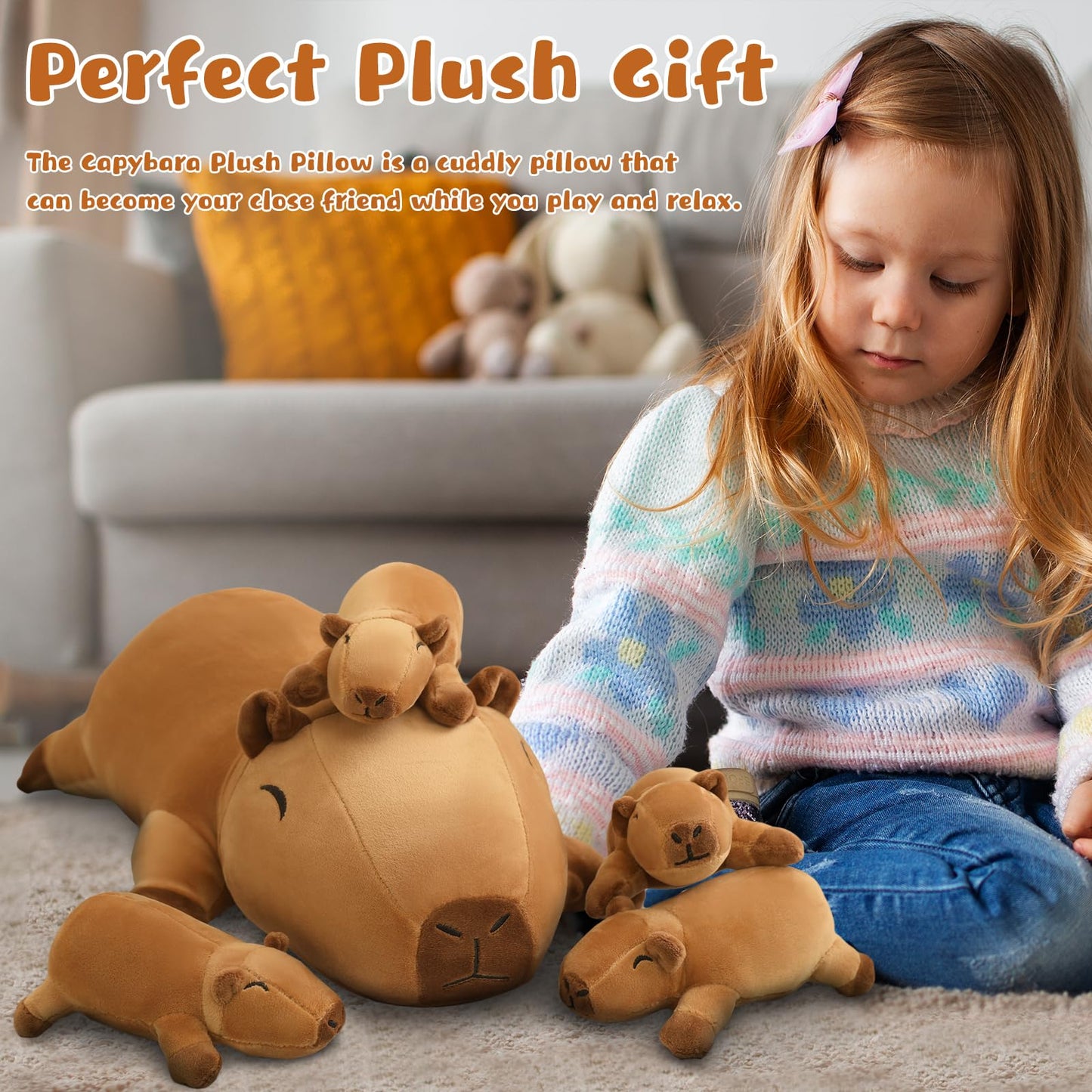TOYSYM Capybara Plush Cute Capybara Stuffed Animal Pillow with 4 Baby Plushies in Her Tummy, Soft Cotton Stuffed Animals Toy Gifts for Kids