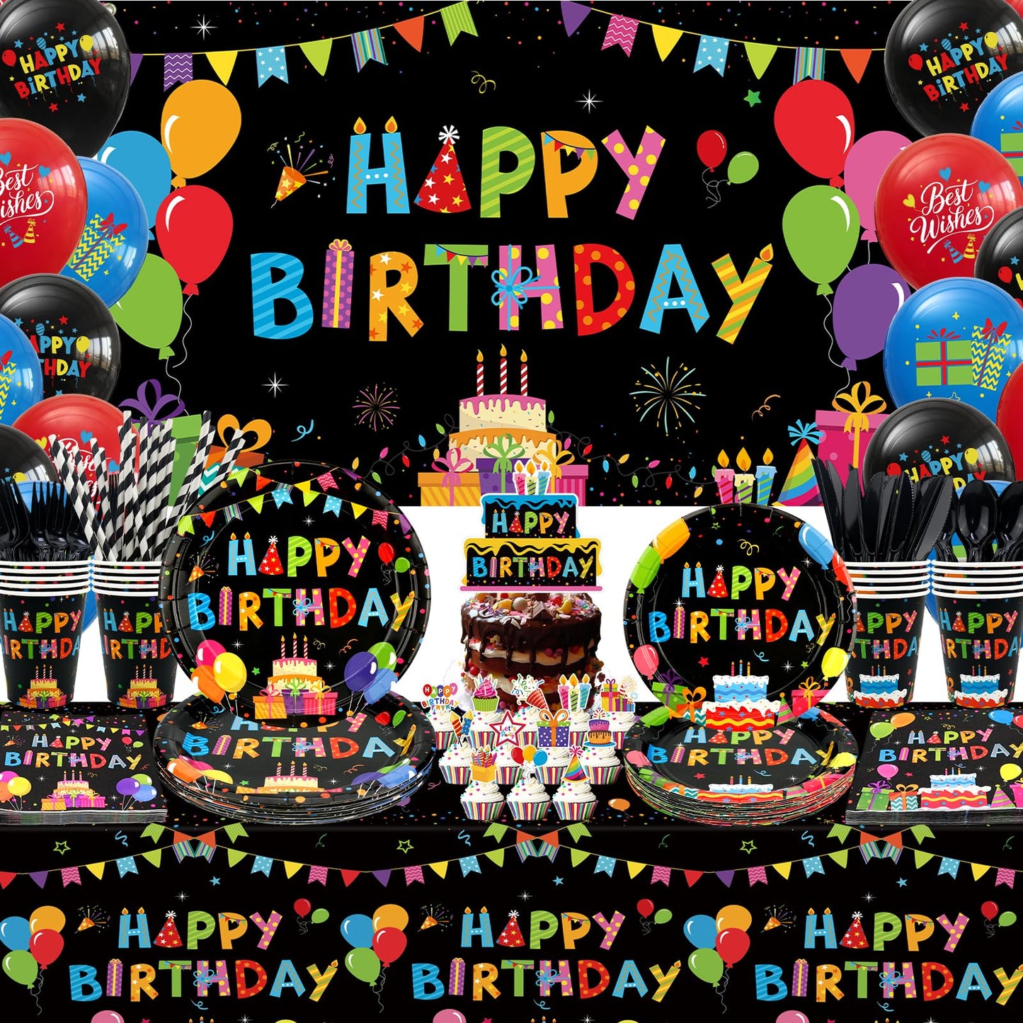 Obussgar Colorful Black Party Decorations - Black and Colourful Party Supplies including Backdrop, Plate, Cake Topper, Cup, Napkin, Balloon, Tablecloth - Serves 20