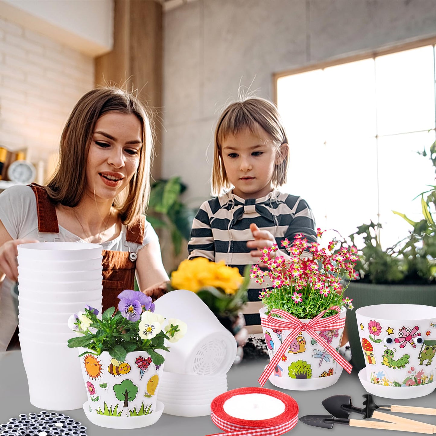 Aweyka 30 Pack Garden Plastic Pot Craft Kit DIY Flower Plant Crafts Nursery Pots with Stickers Flower Planting Growing Kit for Spring Summer Home Classroom School Creative DIY Art Project Activities